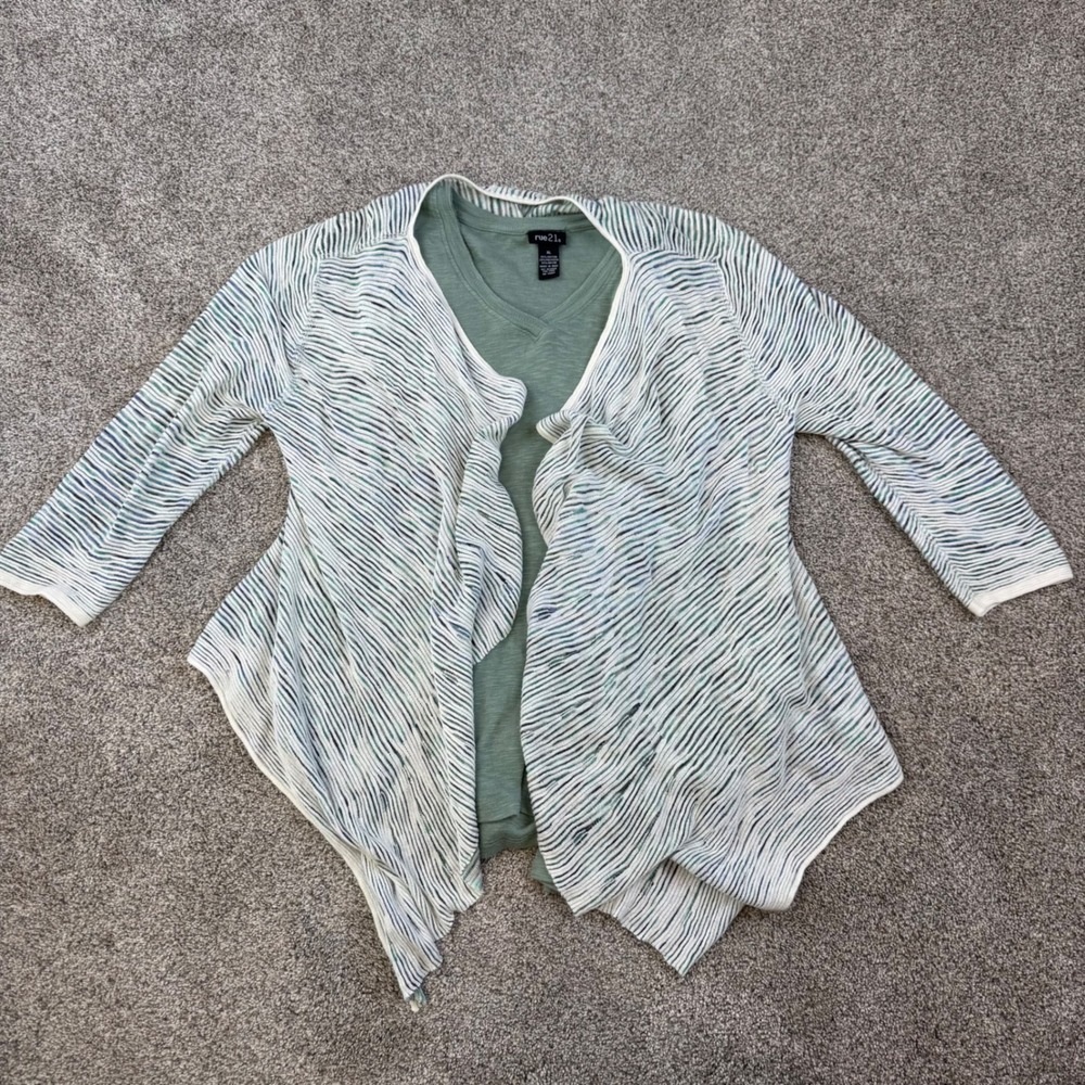 Rue21 Womens XL 2 Piece Set Sage Green V-Neck Top & Striped Draped Cardigan